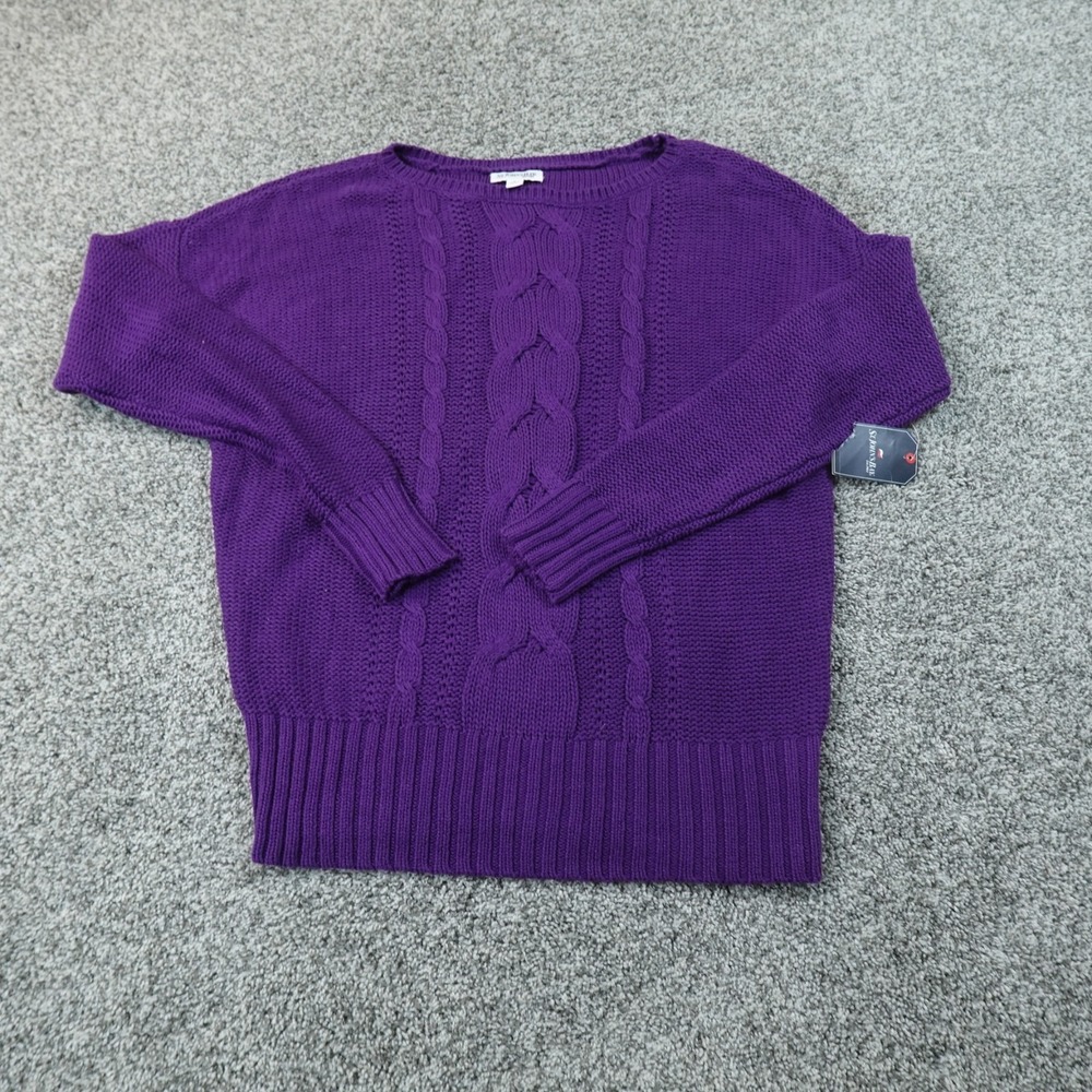 NEW St Johns Bay Sweater Womens L Purple Aran Cable Knit Crewneck Pullover Cozy